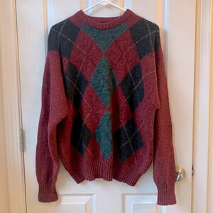 Vintage Nordic Knitted Wool argyle Crewneck Sweater Medium FLAW coastal grandma